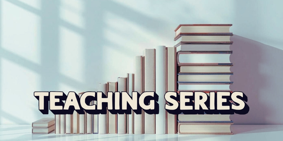 Stacked books symbolizing structured Bible teaching series and in-depth Christian studies.