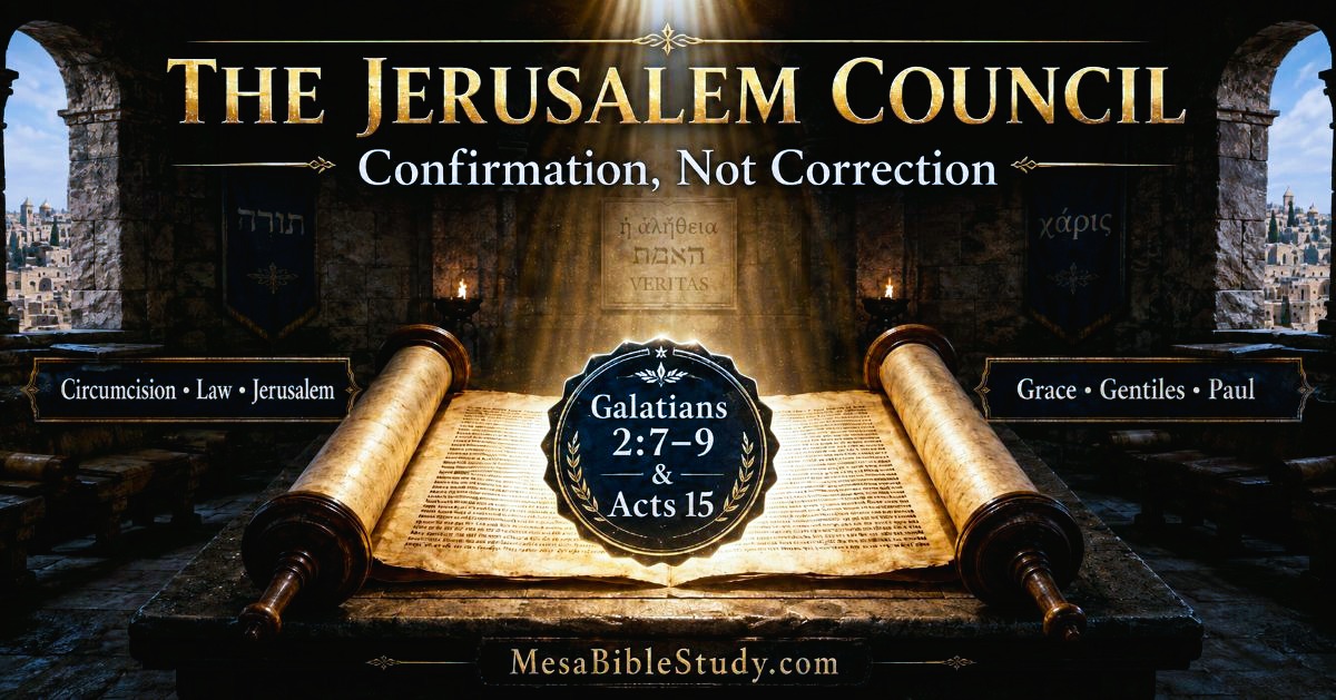 Ancient Jerusalem council table with open scroll under golden light, symbolizing Acts 15 and Galatians 2 confirming Paul’s apostleship to the Gentiles.