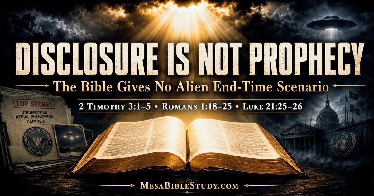 Open Bible under heavenly light with faint disclosure symbols fading into darkness, showing that Scripture gives no alien end-time scenario.