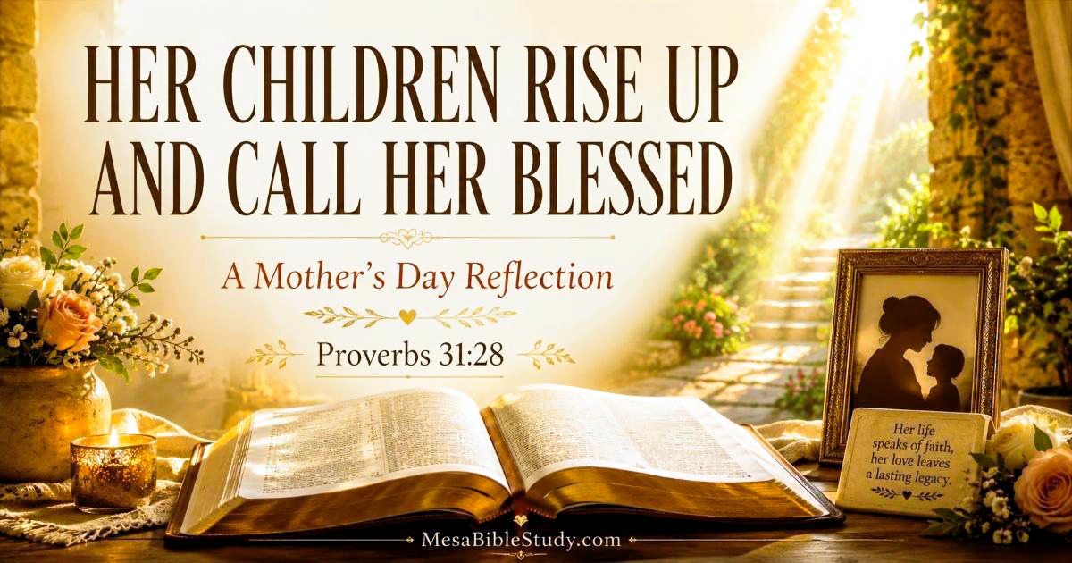 Open Bible illuminated by warm golden light with flowers nearby, symbolizing a Mother’s Day reflection on Proverbs 31:28 honoring faithful mothers.