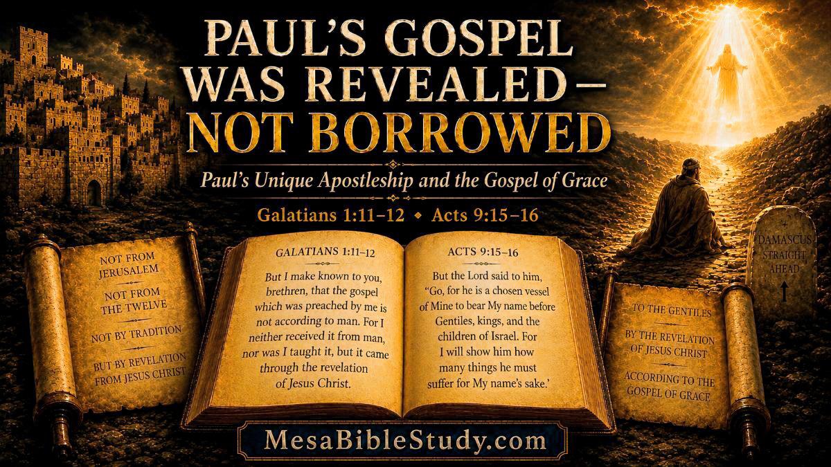 Open Bible and ancient Damascus road illuminated by heavenly light, emphasizing Paul’s gospel revealed by Christ and not borrowed from Peter.
