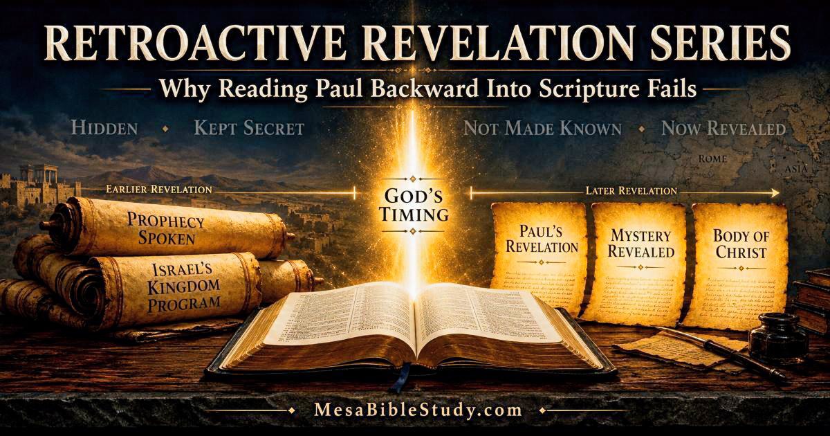 revelation series Open Bible with a biblical timeline showing prophecy spoken on the left and Paul’s revelation on the right, separated by God’s timing, representing the Retroactive Revelation series.