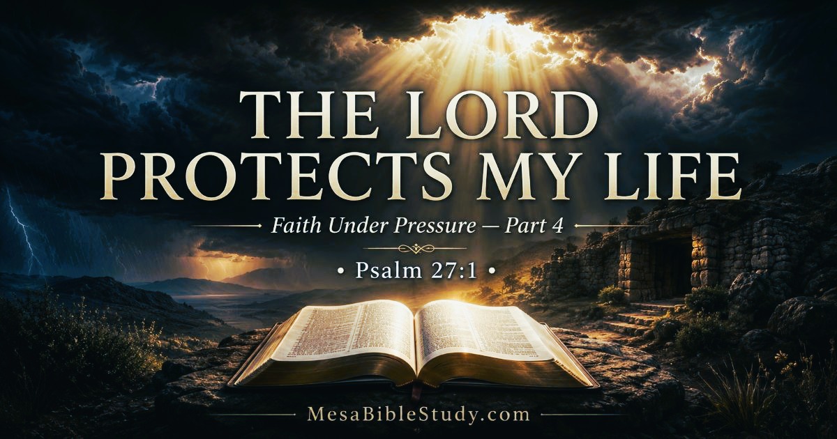 Open Bible under heavenly light with a rocky refuge in the background, symbolizing the Lord’s protection during pressure.