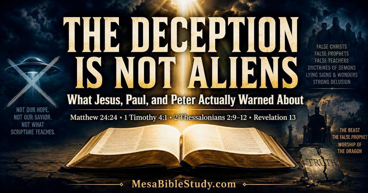 Open Bible under heavenly light with a faint UFO symbol rejected in the background, showing that biblical end-time deception is not about aliens.