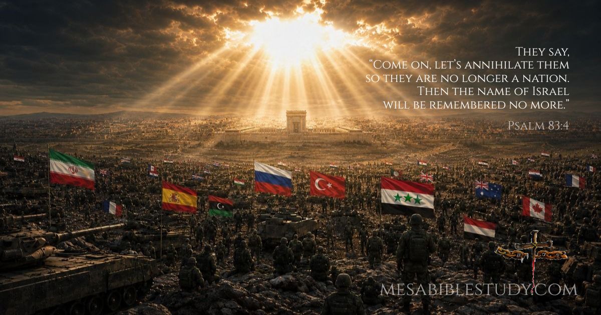 Jerusalem in the background and the armies of the world on the Golan preparing to attack Israel.
