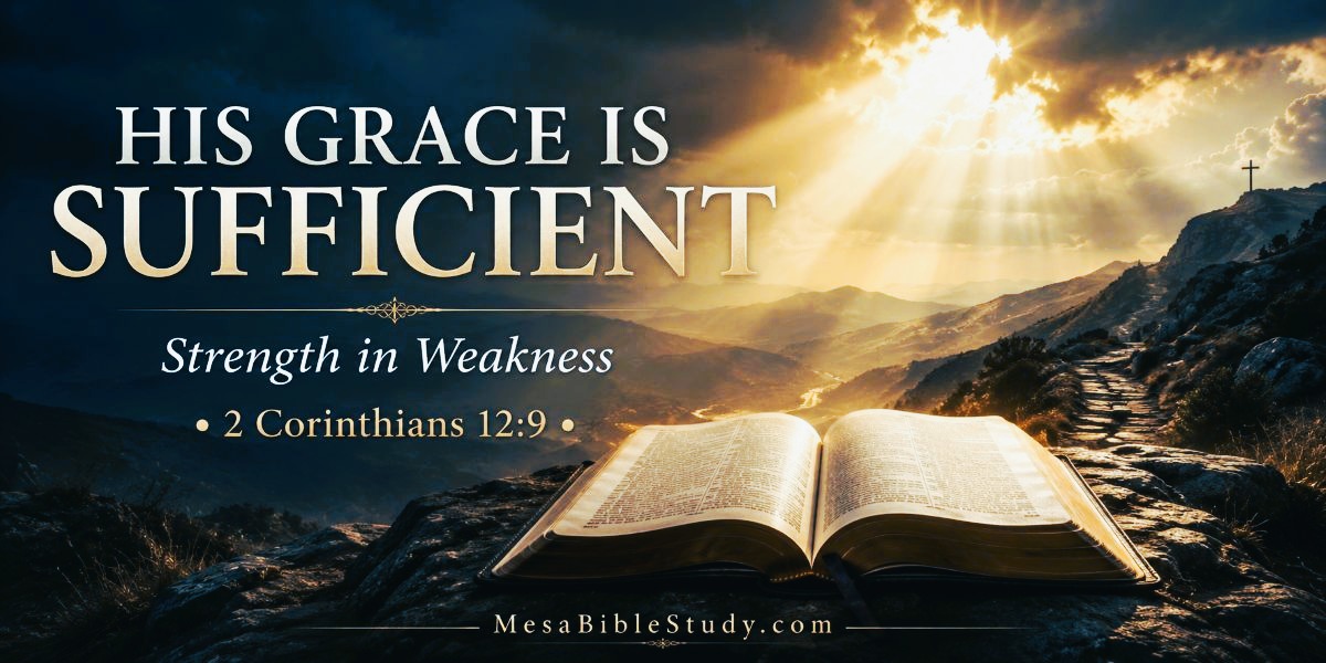 A peaceful sunrise over mountains with encouraging text from 2 Corinthians 12:9: “My grace is sufficient for you, for My power is made perfect in weakness.”