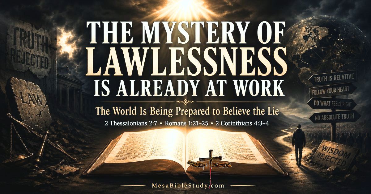 Open Bible under heavenly light surrounded by dark symbols of lawlessness, showing that the world is being prepared to believe the lie.