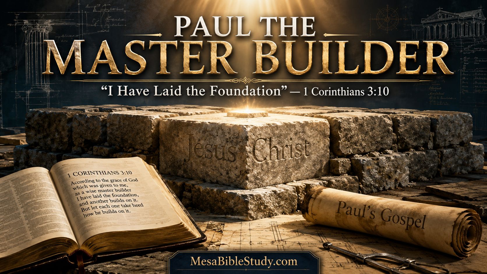 Ancient stone foundation engraved with Jesus Christ beside an open Bible showing 1 Corinthians 3:10, symbolizing Paul as the wise master builder.