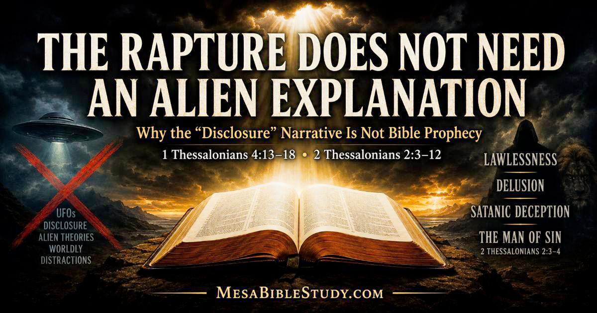 Open Bible illuminated by heavenly light with a faint UFO symbol rejected in the background, emphasizing that the rapture does not need an alien explanation.