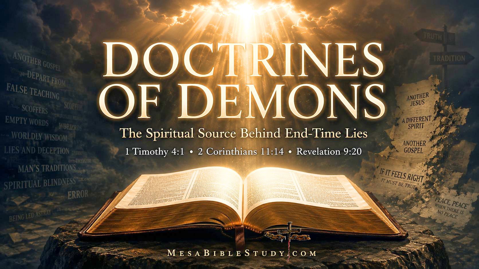 Open Bible under heavenly light surrounded by dark shadows, symbolizing Paul’s warning about deceiving spirits and doctrines of demons.