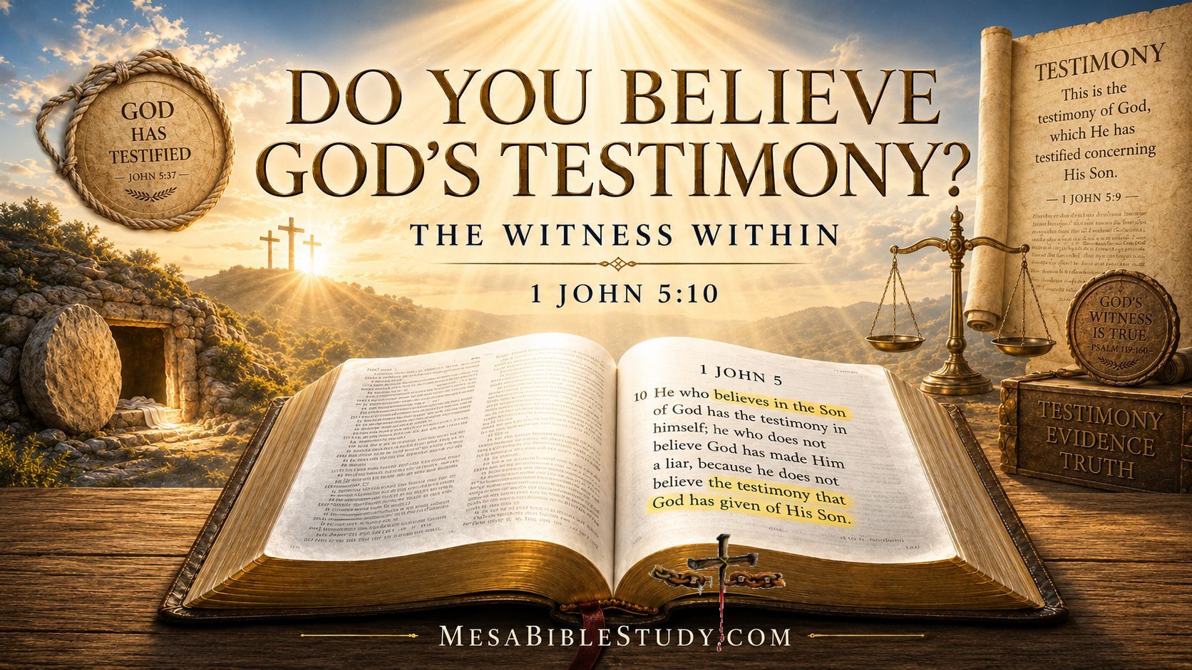 Open Bible illuminated by golden light beneath the words “Do You Believe God’s Testimony?” based on 1 John 5:10.