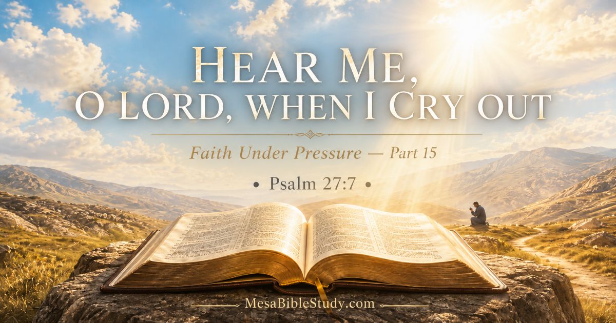 Open Bible under heavenly light in a dark landscape, representing honest prayer and crying out to the Lord under pressure.