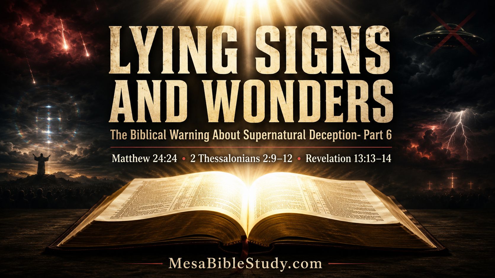 Open Bible under heavenly light surrounded by dark deceptive signs, showing that Scripture warns of lying signs and wonders, not aliens.