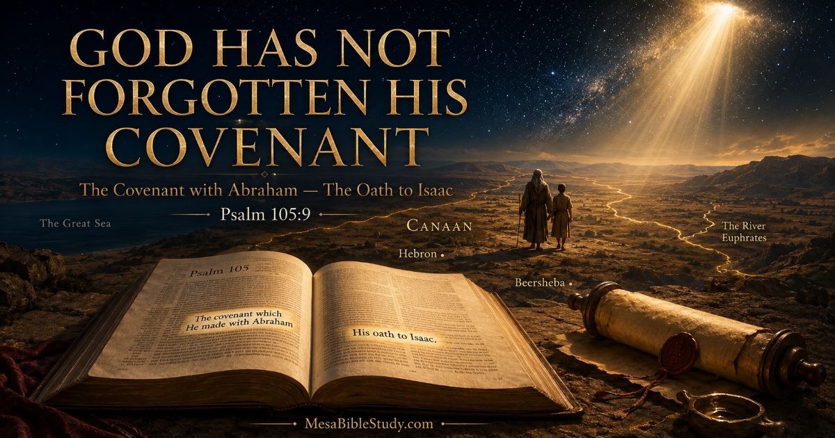 Open Bible illuminated above the ancient land of Canaan with Abraham and Isaac beneath a star-filled sky, representing God’s covenant in Psalm 105:9.