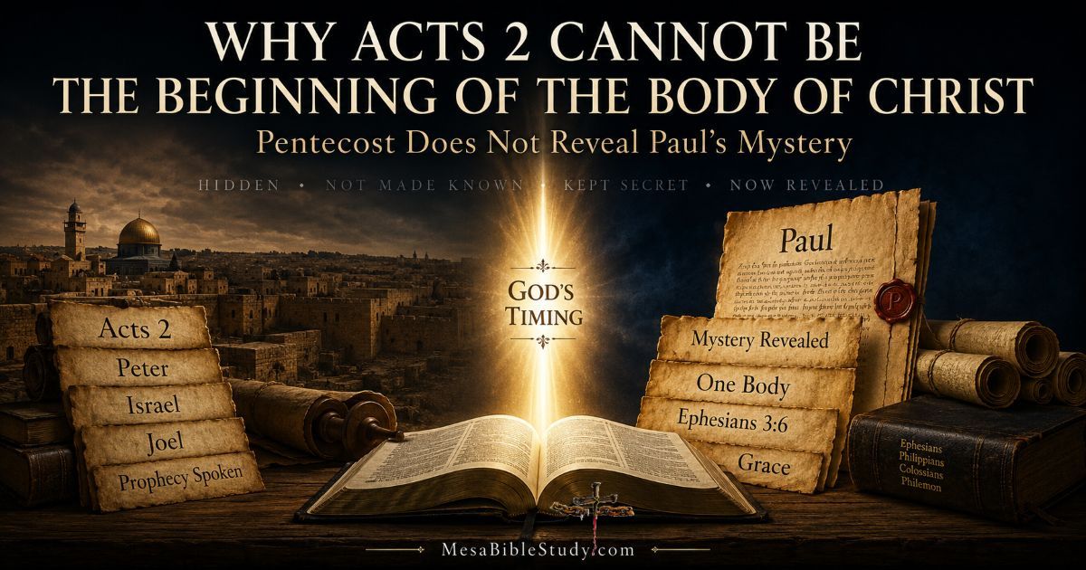 Open Bible with a timeline contrasting Acts 2 Pentecost and Paul’s later revelation of the mystery, showing why Acts 2 cannot begin the Body of Christ.