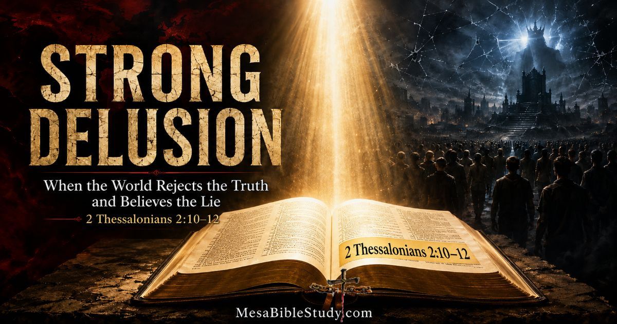Open Bible shining with heavenly light against dark deceptive imagery, symbolizing Paul’s warning about strong delusion in 2 Thessalonians 2.