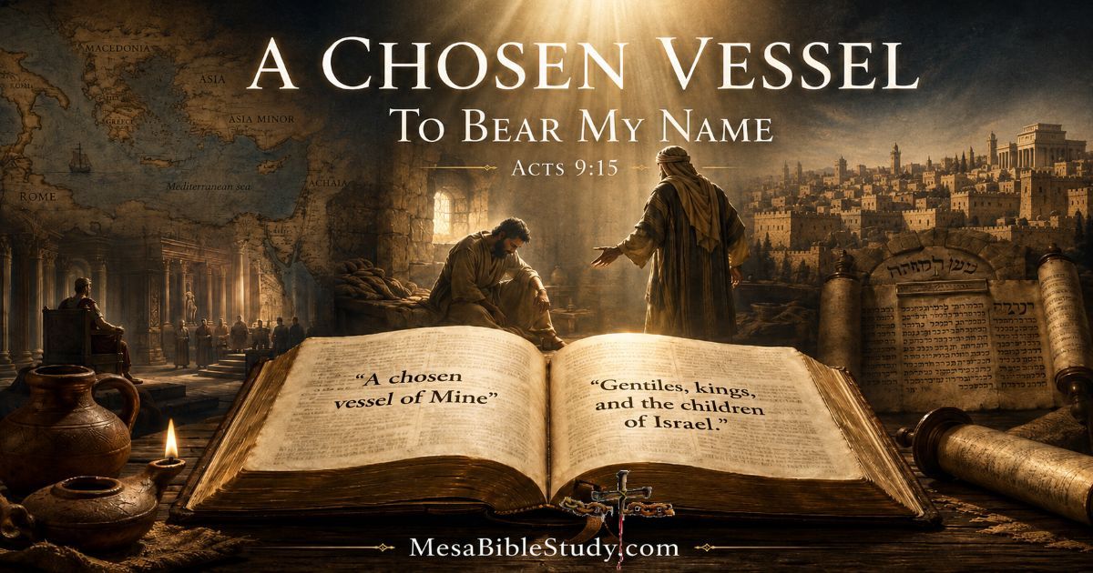 Open Bible at Acts 9:15 with Saul and Ananias in Damascus, illustrating Paul as Christ’s chosen vessel before Gentiles, kings, and Israel.